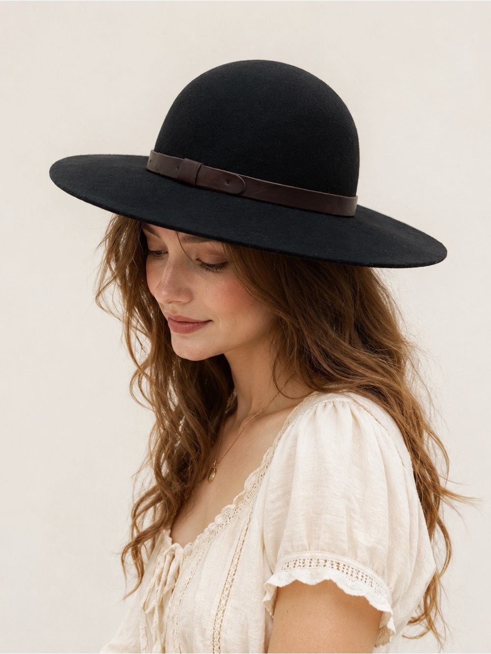 Holt Renfrew Woman Black Pure Wool Felt Wide Brim Brown Leather Band Hat Boho